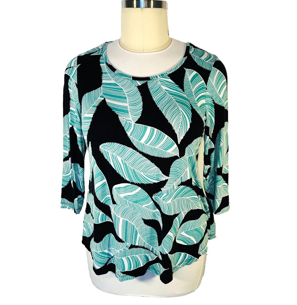 JM Collection - Knit Top Women's 1X Teal, Black, White Tropical Leaf Scoop Neck